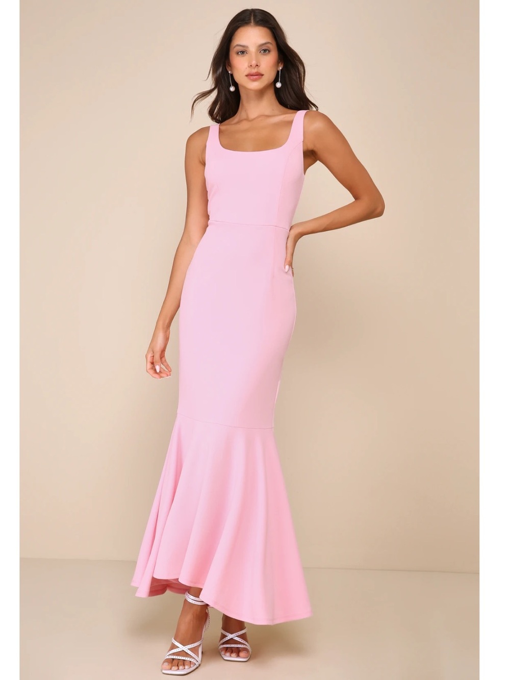 Lulus Romantic Destiny Light Pink Square Neck Trumpet Maxi Dress Small NWT